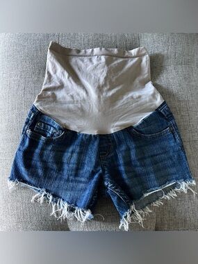 Motherhood Maternity Blue Denim Shorts with Cream Stretch Panel